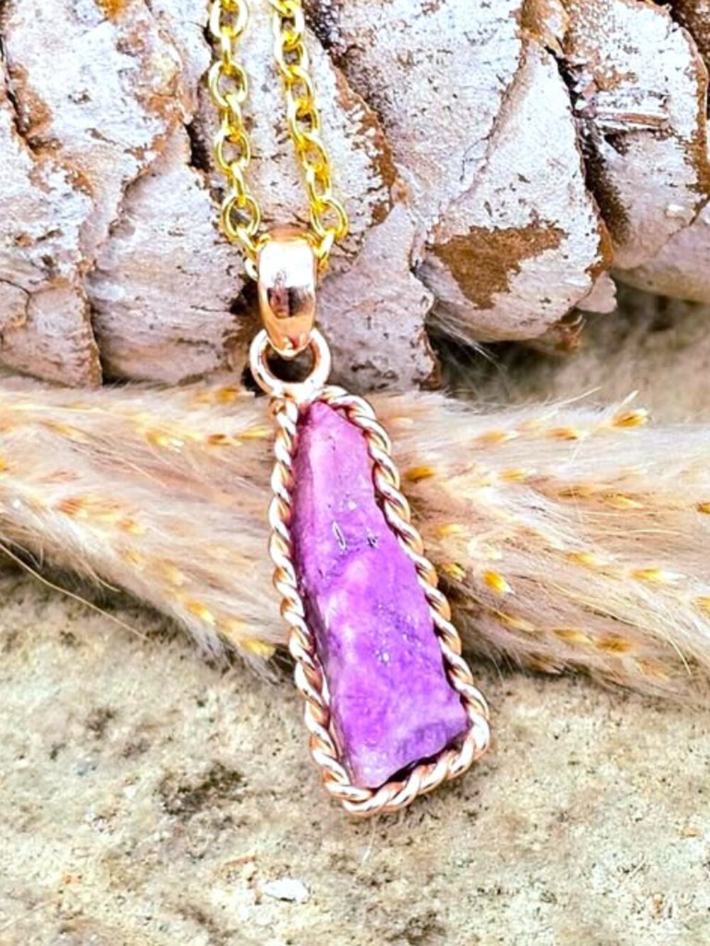 Natural Sugilite Raw Stone Pendant • Purple Gemstone • Rose Gold Wire Wrap •S925